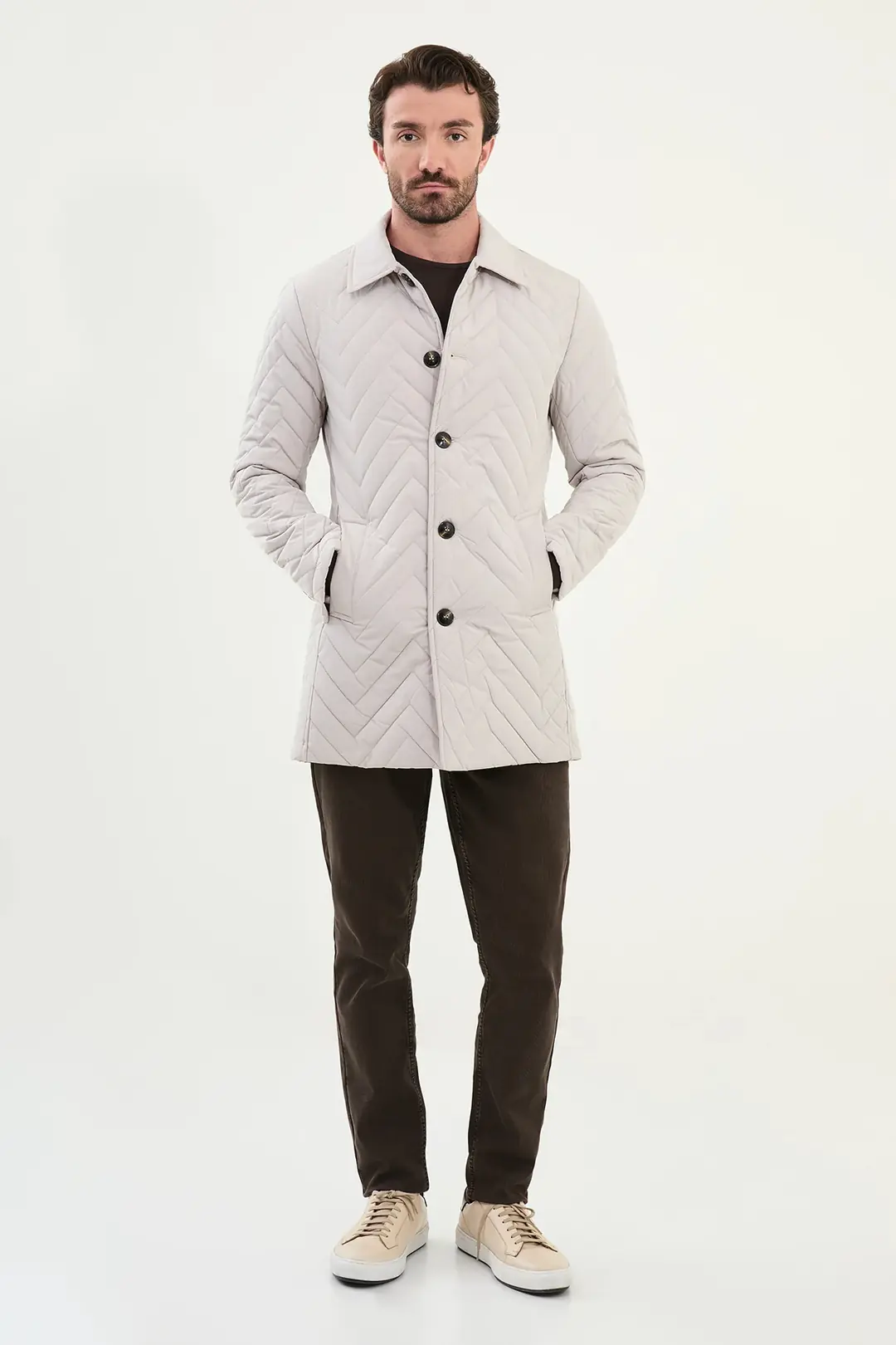 Slim Fit Erkek Gömlek Yaka Kapitone Uzun Kışlık Mont 4