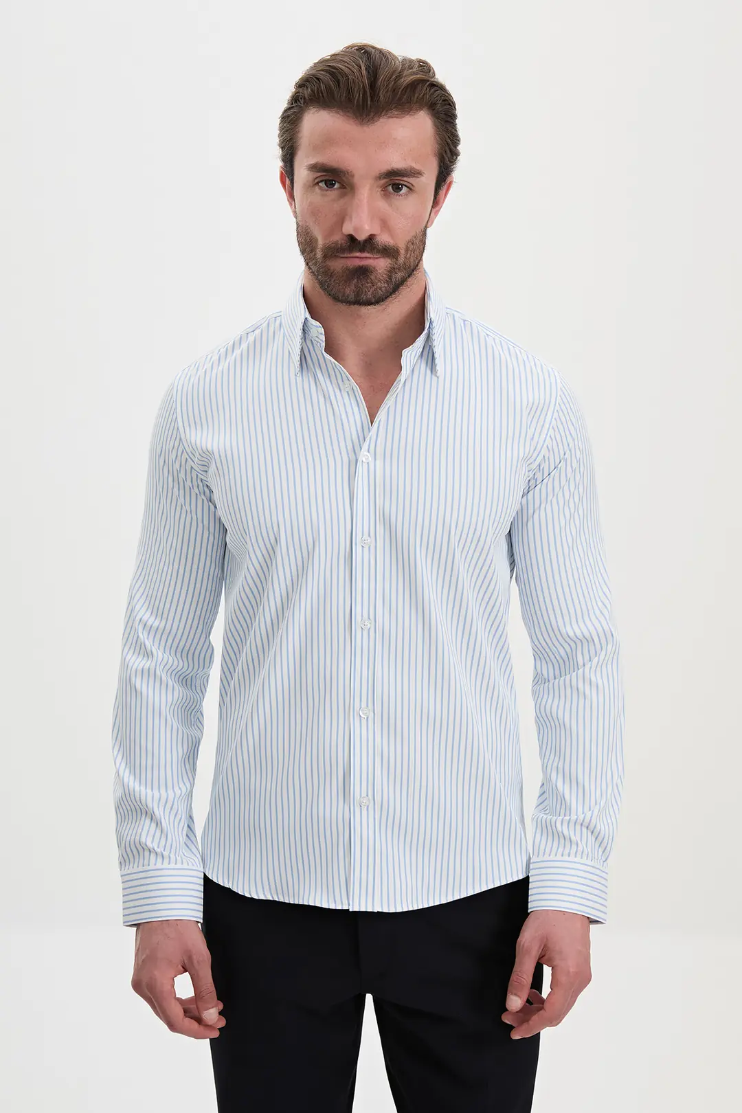 Slim Fit Erkek Geniş Yaka Çizgili Pamuklu Gömlek  1