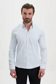 Slim Fit Erkek Geniş Yaka Çizgili Pamuklu Gömlek  1