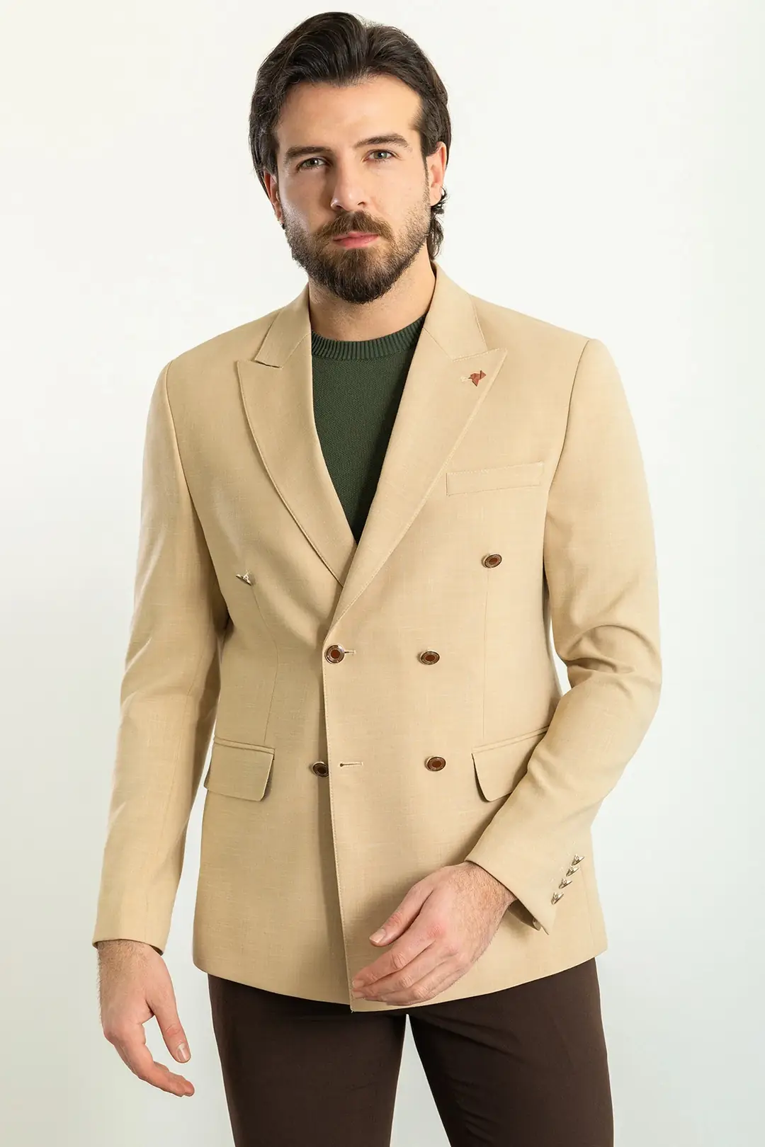Slim Fit Erkek Sivri Yaka Kruvaze Ceket - BEJ