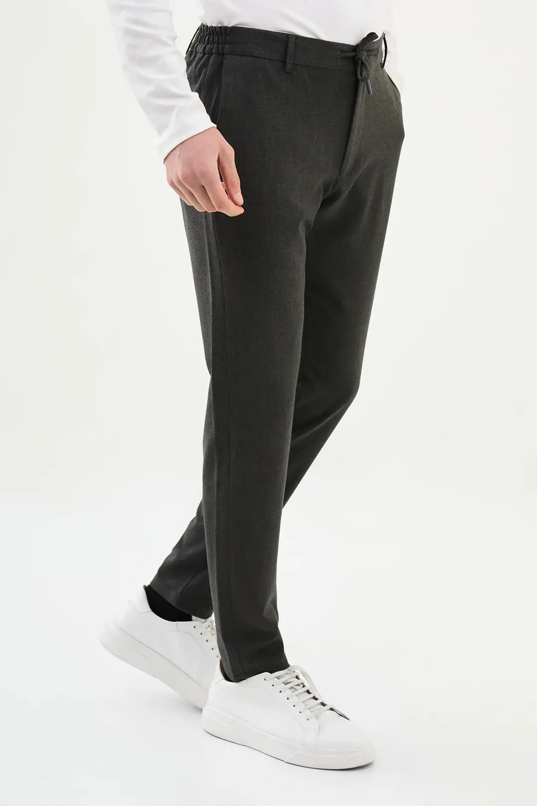 Slim Fit Erkek İpli Lastikli Düz Kumaş Jogger Pantolon 3