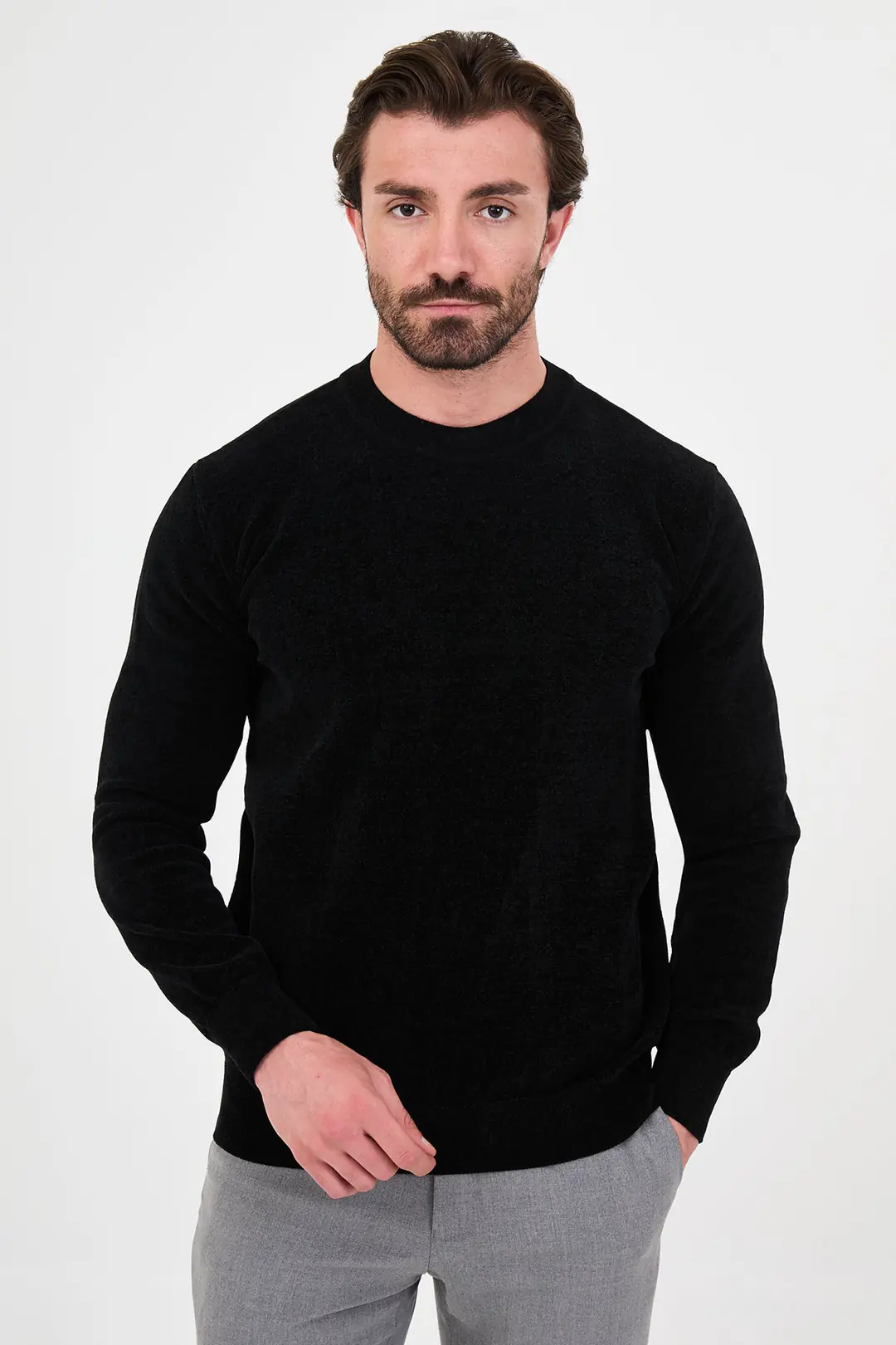Slim Fit Erkek O Yaka Spor  Ribanalı Pamuklu Sweat - SİYAH