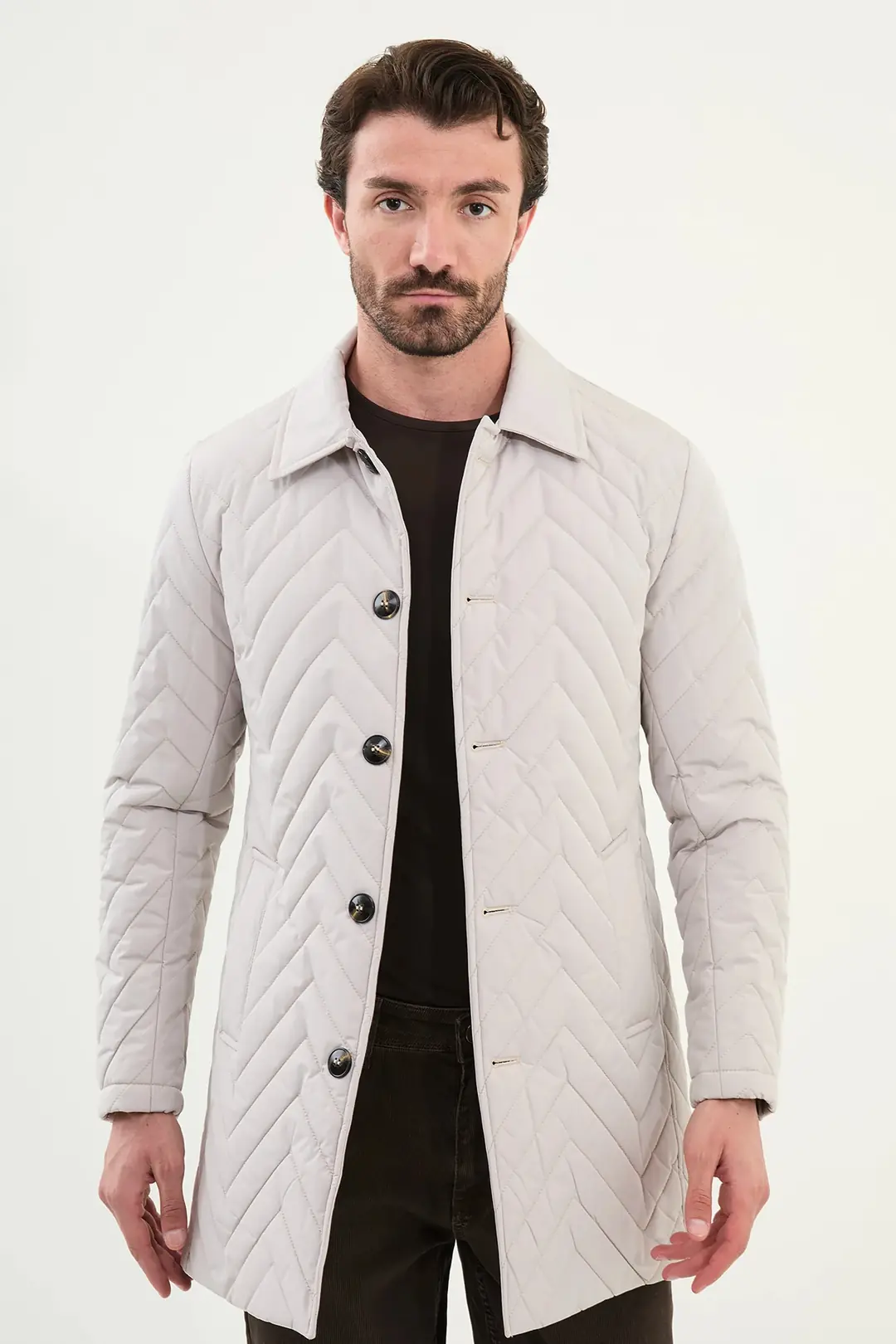 Slim Fit Erkek Gömlek Yaka Kapitone Uzun Kışlık Mont