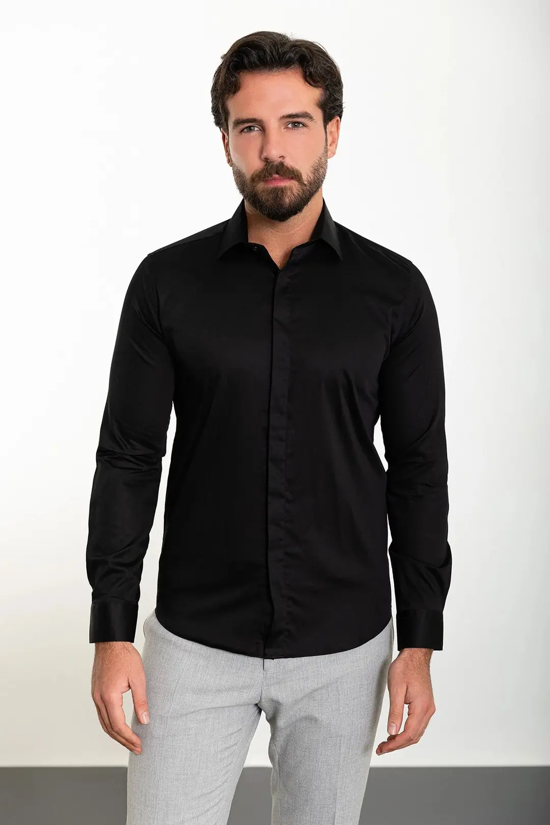 Slim Fit Erkek Klasik Gizli Düğme Uzun Kol Gömlek 1