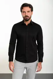 Slim Fit Erkek Klasik Gizli Düğme Uzun Kol Gömlek 1