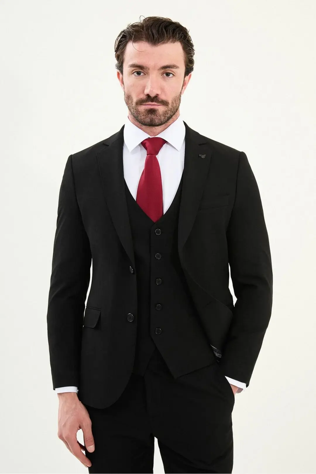 Slim Fit Erkek Mono Yaka Likralı Yelekli Takım Elbise - SİYAH