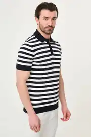 Slim Fit Polo Yaka Düğmeli Çizgili Kısa Kollu Tshırt 10