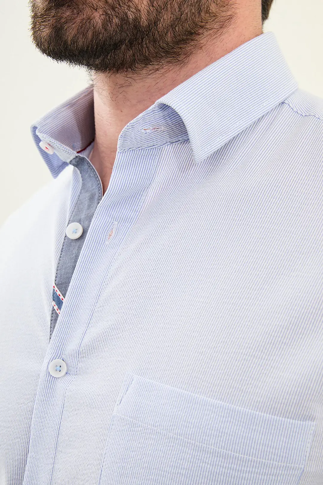 Slim Fit Erkek Uzun Kol Cepli Çizgi Desen Gofre Kumaş Gömlek 3