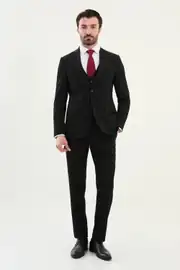 Slim Fit Erkek Mono Yaka Yelekli Likralı Çift Düğme 4  Drop Takım Elbise 2