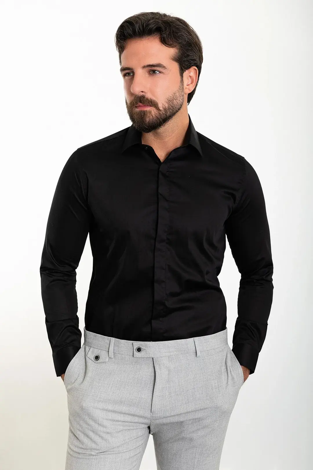 Slim Fit Erkek Klasik Gizli Düğme Uzun Kol Gömlek 3