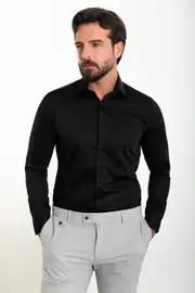 Slim Fit Erkek Klasik Gizli Düğme Uzun Kol Gömlek 3