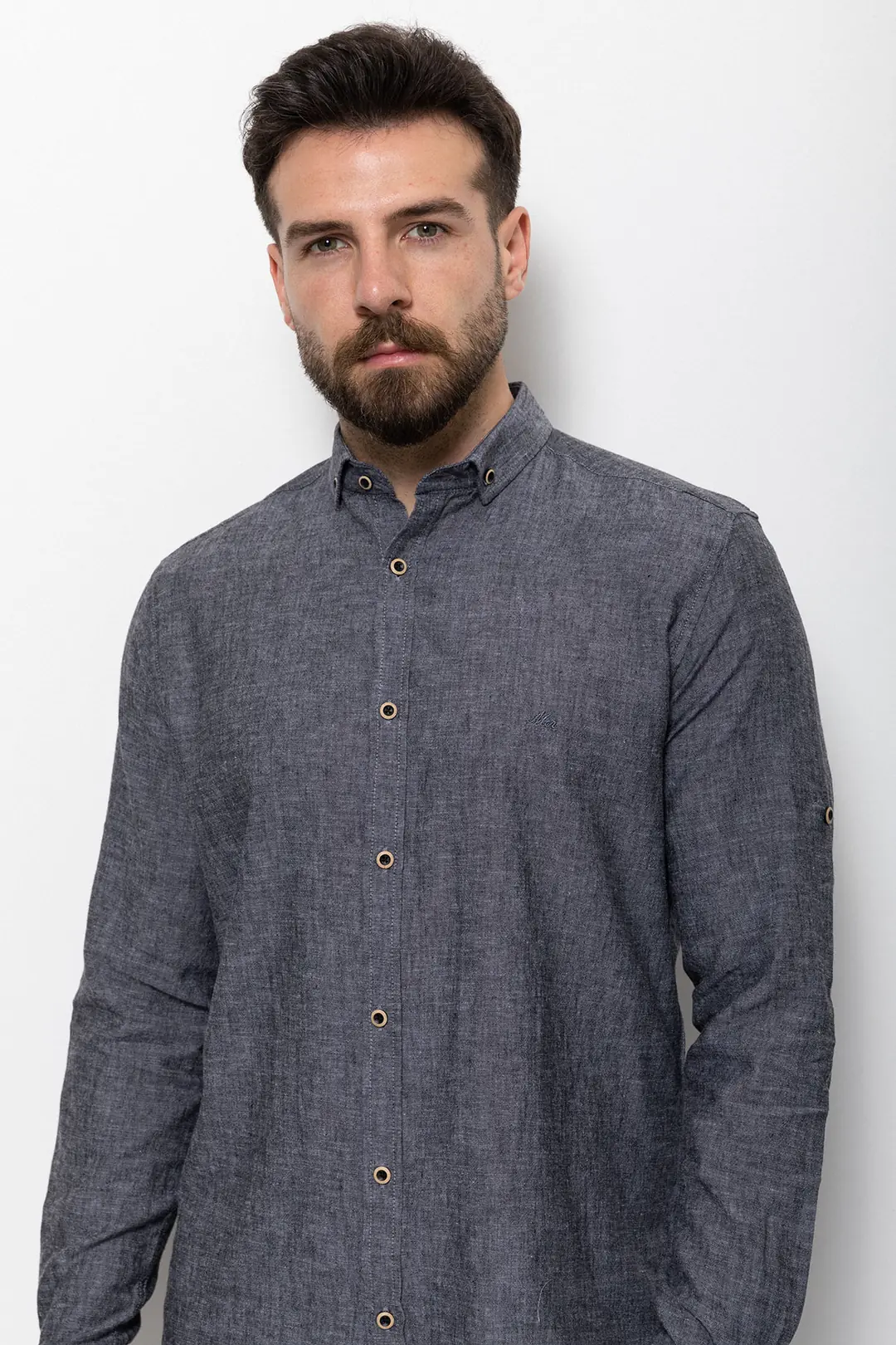 Slim Fit Erkek Düğmeli Yaka Keten Uzun Kol Gömlek 3