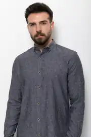 Slim Fit Erkek Düğmeli Yaka Keten Uzun Kol Gömlek 3