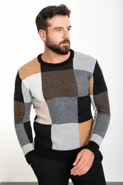 Slim Fit Erkek Parça Desen Yün Örme Triko Kazak 2