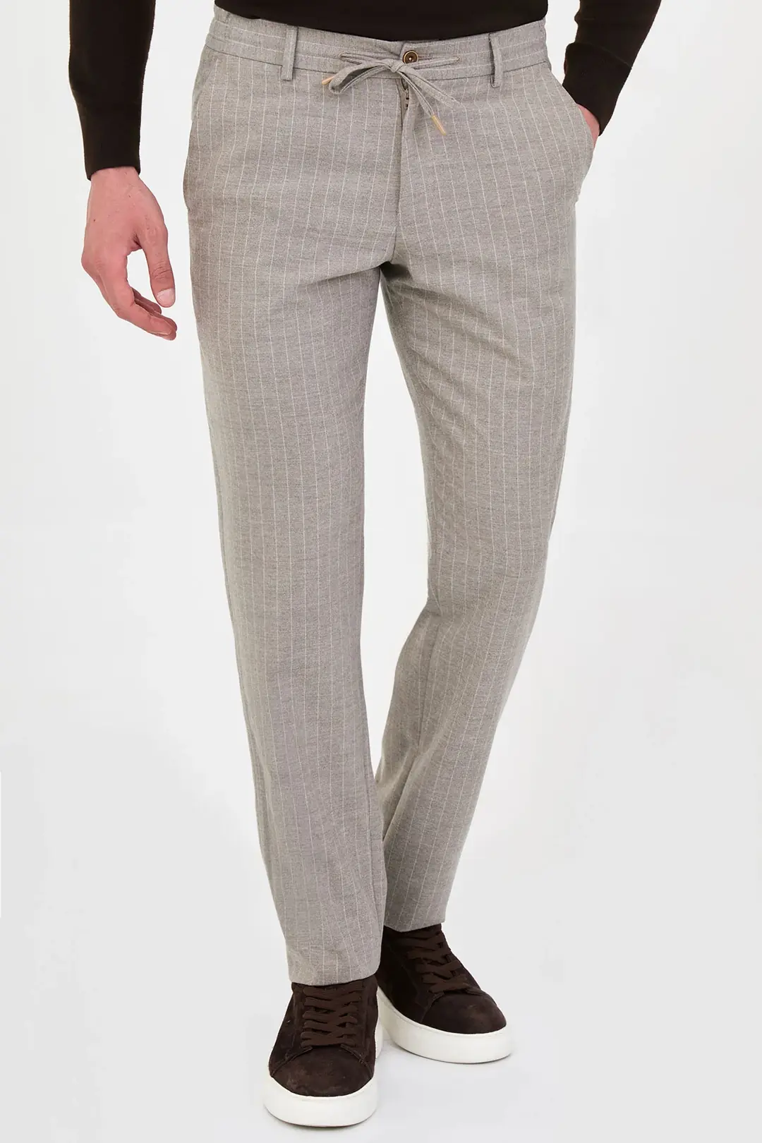 Slim Fit Erkek Yünlü İpli Jogger Lastikli Bel Kışlık Pantolon  - BEJ
