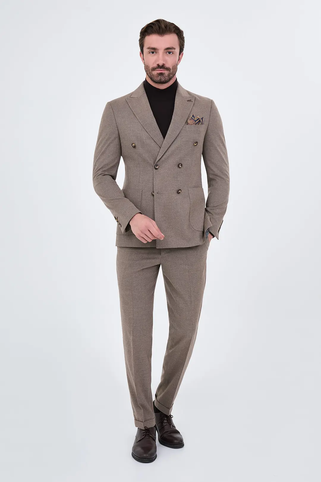 Slim Fit Erkek Yün Kumaş Kışlık Kruvaze Takım Elbise  4