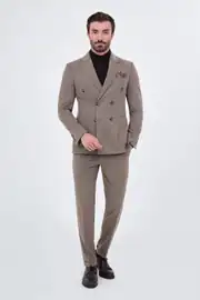 Slim Fit Erkek Yün Kumaş Kışlık Kruvaze Takım Elbise  4