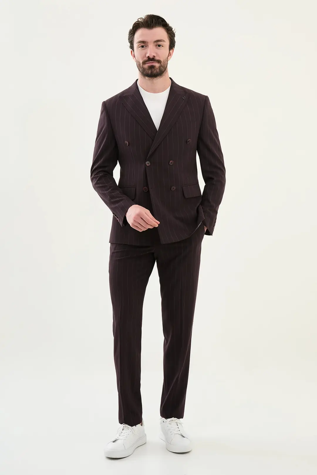 Slim Fit Erkek Çizgili Yün Kumaş Spor Kruvaze Takım Elbise 4