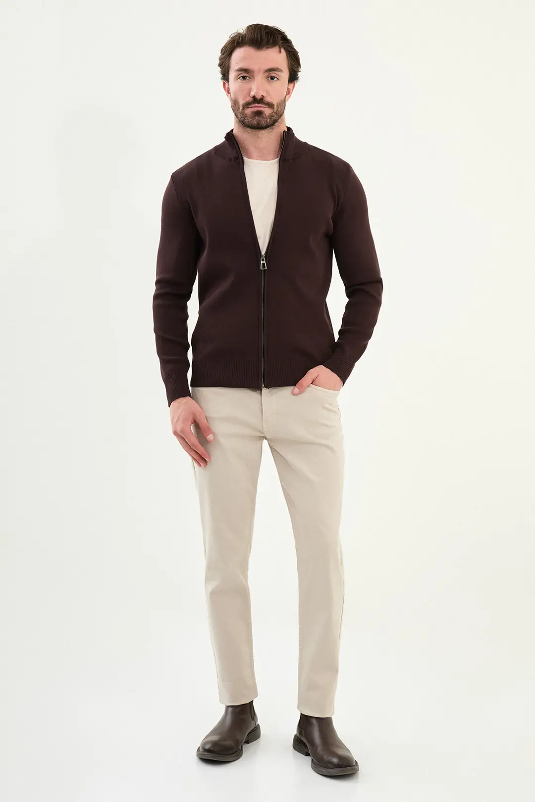 Slim Fit Erkek Çift Fermuarlı Boğazlı Yaka Örme Hırka 3
