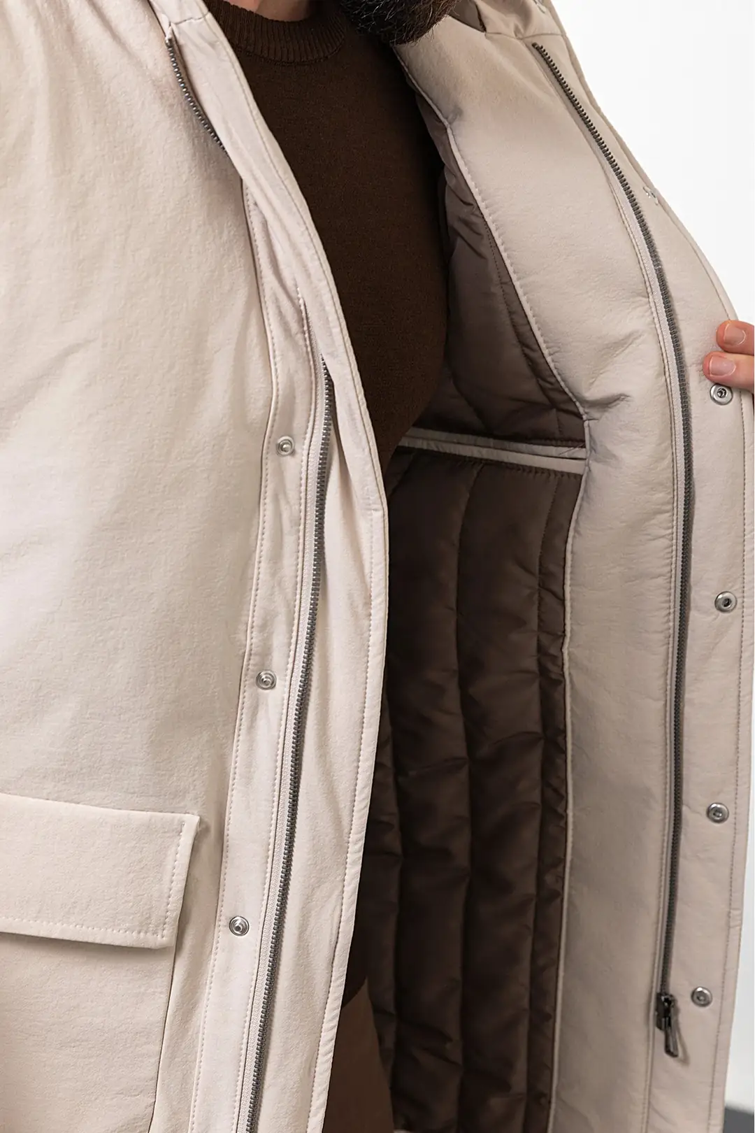 Slim Fit Erkek Kapüşonlu Uzun Su Geçirmez Cepli Fermuarlı Mont 6