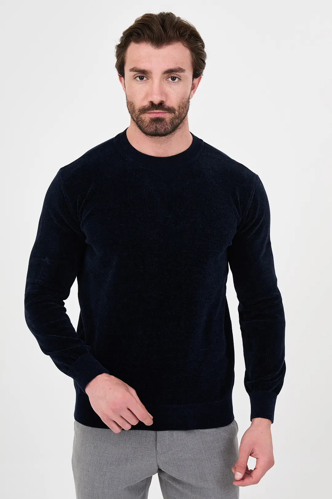 Slim Fit Erkek O Yaka Spor  Ribanalı Pamuklu Sweat - LACİVERT